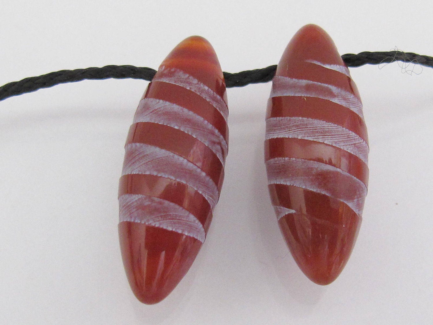 Marquise shape Spiral etched carnelian gemstone top hole drilled beads - 2 beads - BD163