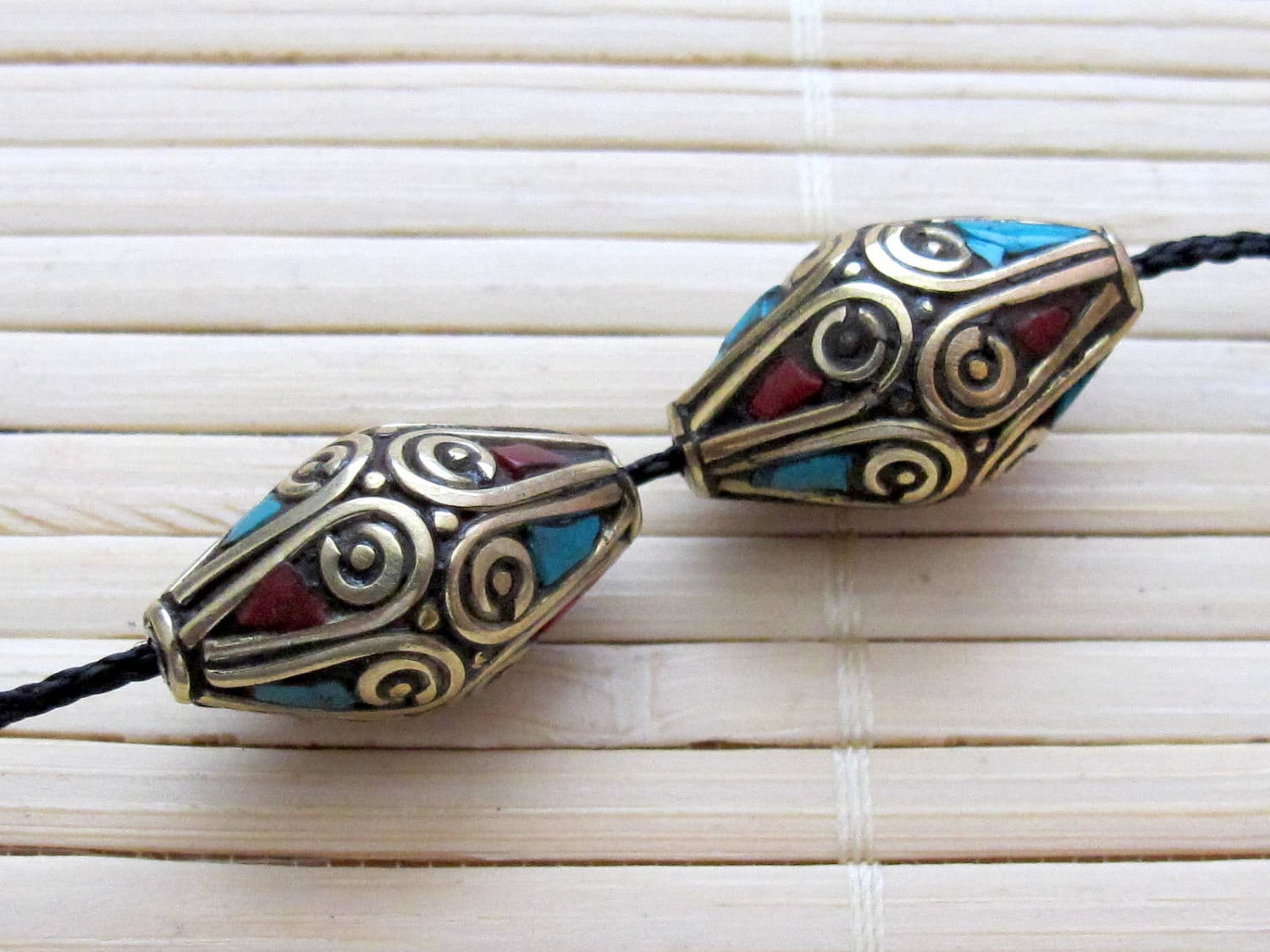 2 Beads - Beautiful bicone brass beads with turquoise coral inlay - BD025