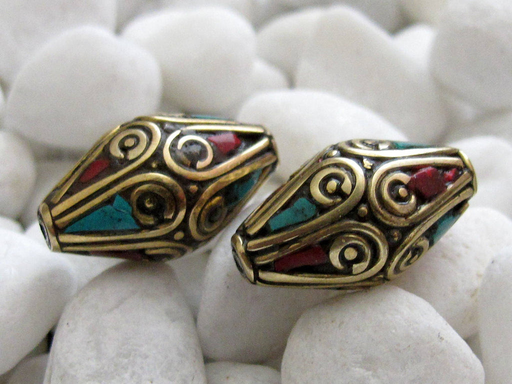 2 Beads - Beautiful bicone brass beads with turquoise coral inlay - BD025