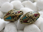 2 Beads - Beautiful bicone brass beads with turquoise coral inlay - BD025
