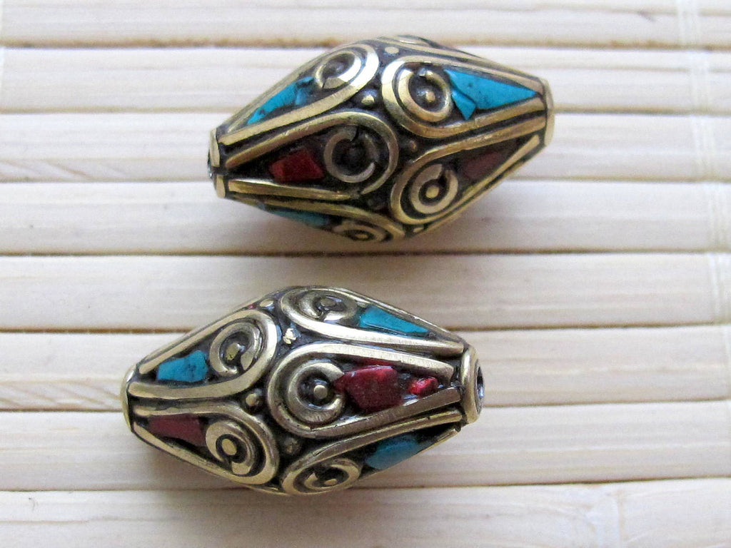 2 Beads - Beautiful bicone brass beads with turquoise coral inlay - BD025