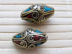 2 Beads - Beautiful bicone brass beads with turquoise coral inlay - BD025