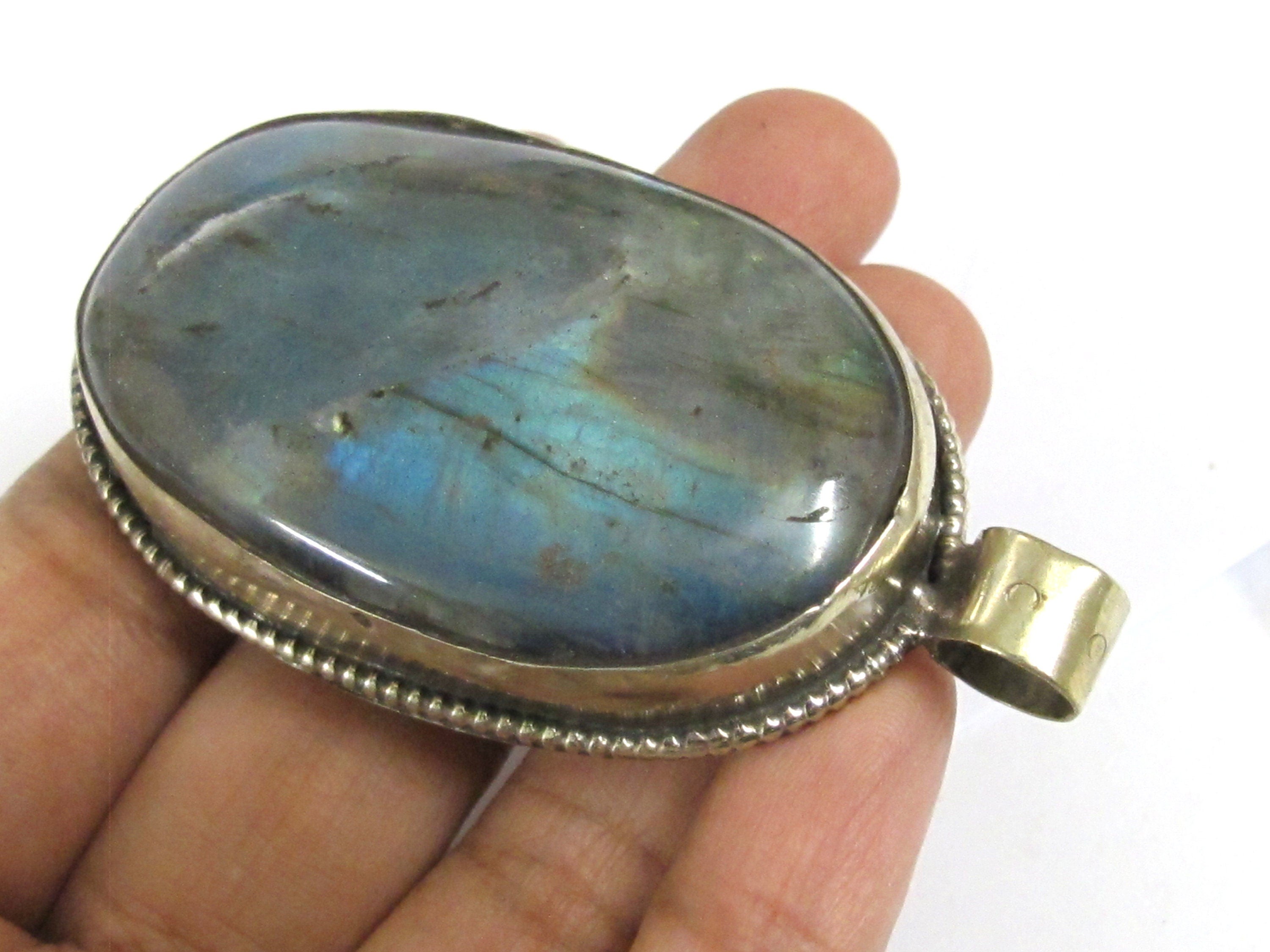 1 Pendant Tibetan Nepal flashy Labradorite gemstone pendant with flower carving on other side nepalbeadshop PM599LA