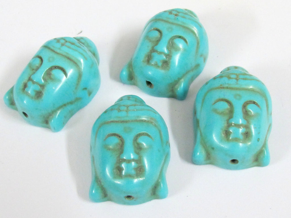 2 Beads - Turquoise howlite carved Buddha face focal pendant bead - BD127B