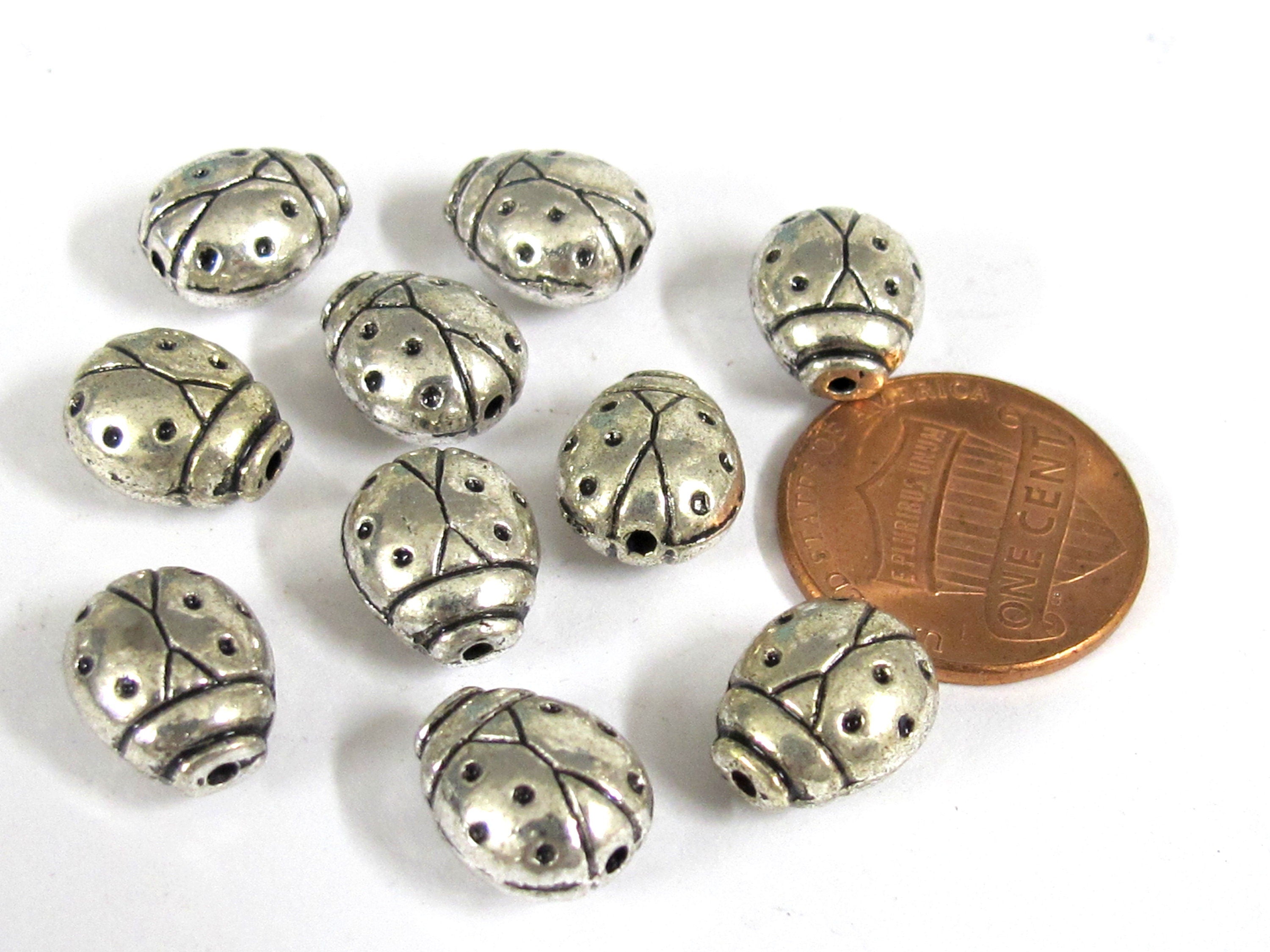 8 Beads - Cute small size lady bug shaped metal beads antiqued silver tone - BD913L