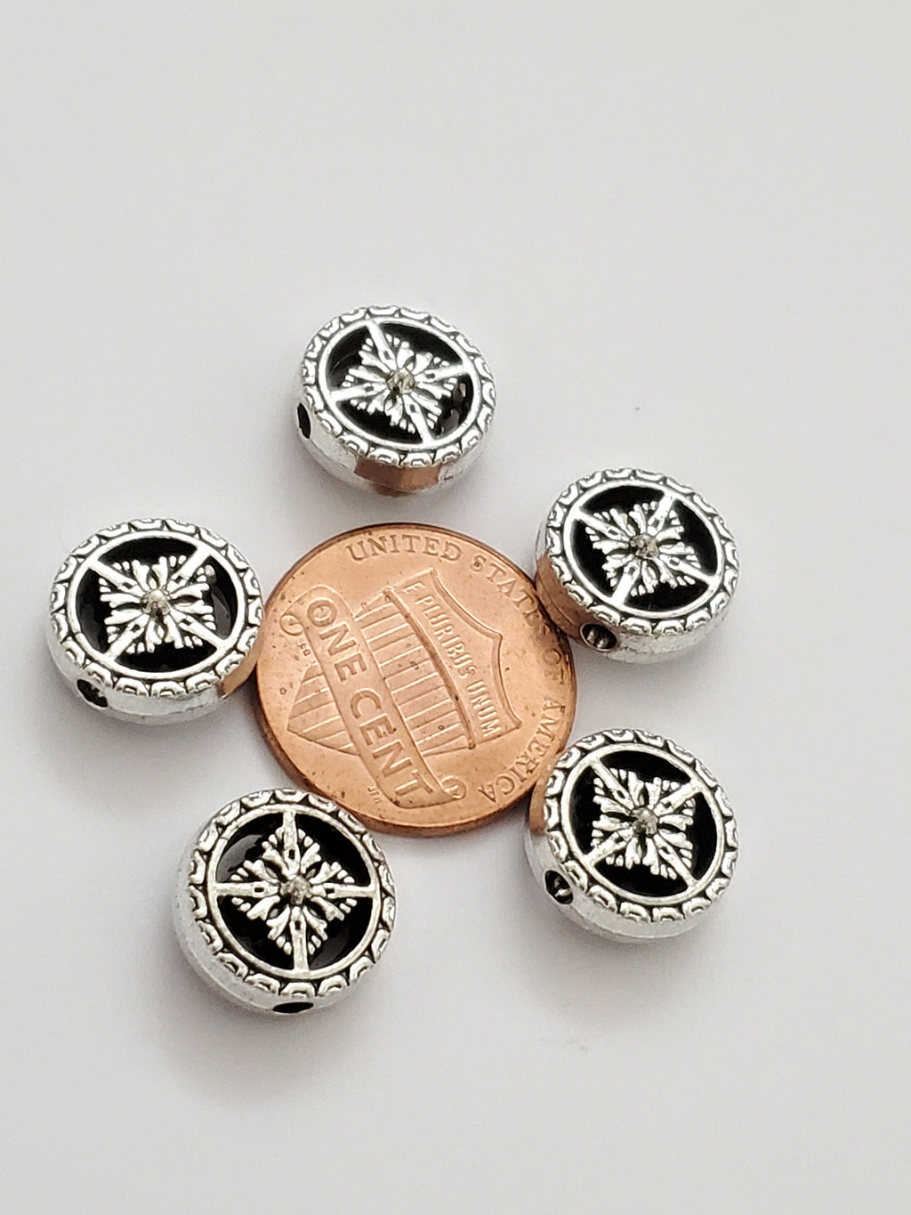 2 BEADS - Reversible floral dorje symbol silver tone plated round disc beads for mala making 12 mm - BD583K