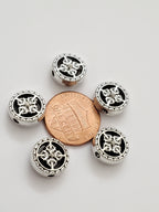 2 BEADS - Reversible floral dorje symbol silver tone plated round disc beads for mala making 12 mm - BD583K