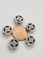 2 BEADS - Reversible floral dorje symbol silver tone plated round disc beads for mala making 12 mm - BD583K