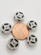 2 BEADS - Reversible floral dorje symbol silver tone plated round disc beads for mala making 12 mm - BD583K
