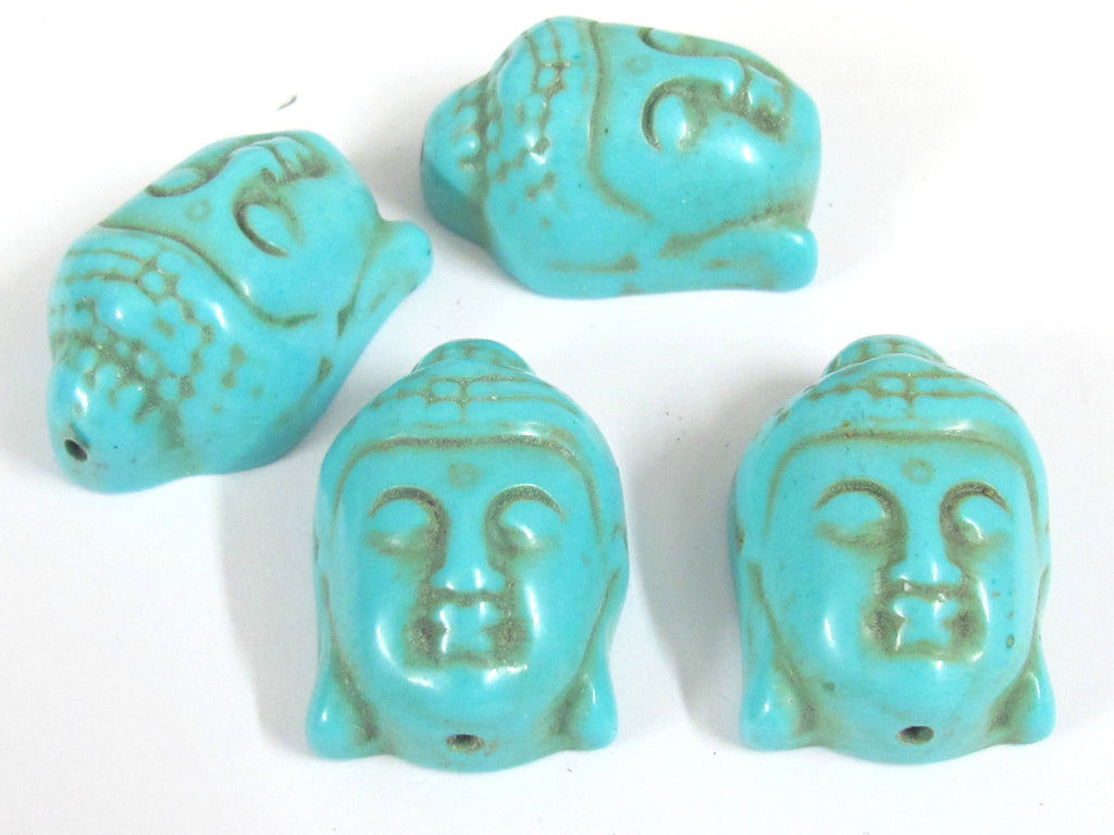 2 Beads - Turquoise howlite carved Buddha face focal pendant bead - BD127B