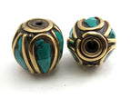 Drum shape brass beads with turquoise inlay from Nepal - 2 beads - BD069