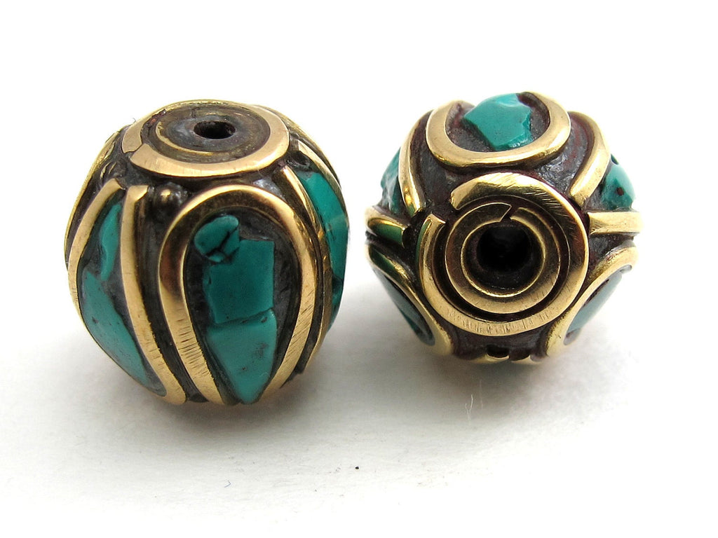 Drum shape brass beads with turquoise inlay from Nepal - 2 beads - BD069