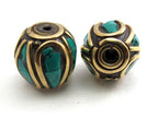 Drum shape brass beads with turquoise inlay from Nepal - 2 beads - BD069