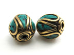 Drum shape brass beads with turquoise inlay from Nepal - 2 beads - BD069