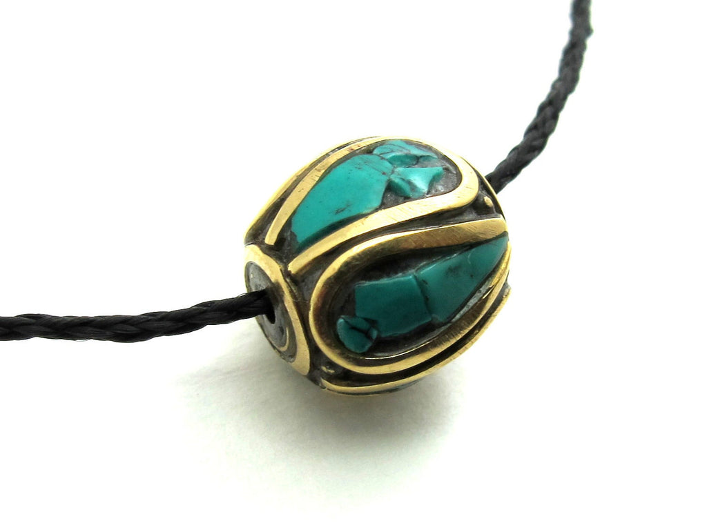 Drum shape brass beads with turquoise inlay from Nepal - 2 beads - BD069