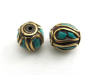 Drum shape brass beads with turquoise inlay from Nepal - 2 beads - BD069