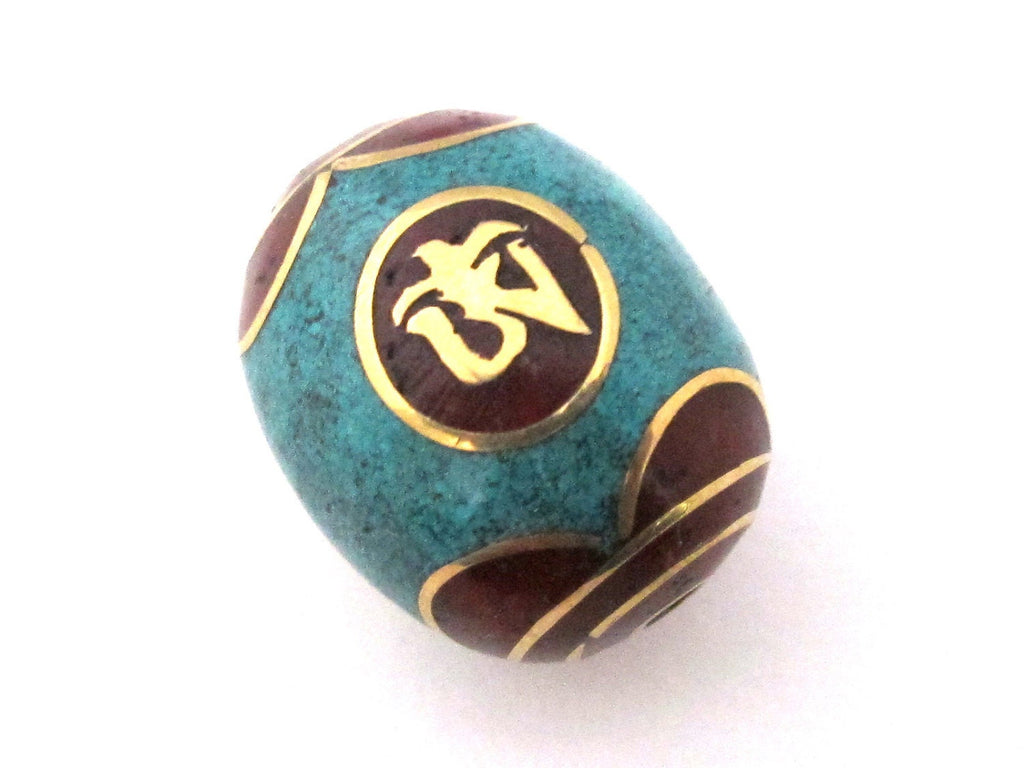 1 Bead - Tibetan om and six syllable prayer om mani padme hum bead with turquoise coral inlay - Nepal Beads - BD102