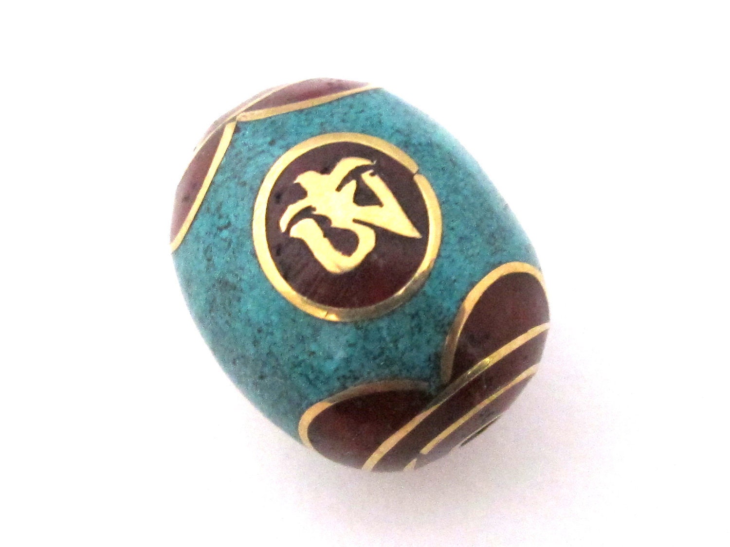 1 Bead - Tibetan om and six syllable prayer om mani padme hum bead with turquoise coral inlay - Nepal Beads - BD102