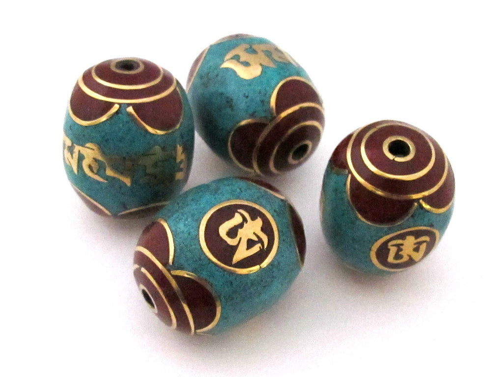1 Bead - Tibetan om and six syllable prayer om mani padme hum bead with turquoise coral inlay - Nepal Beads - BD102