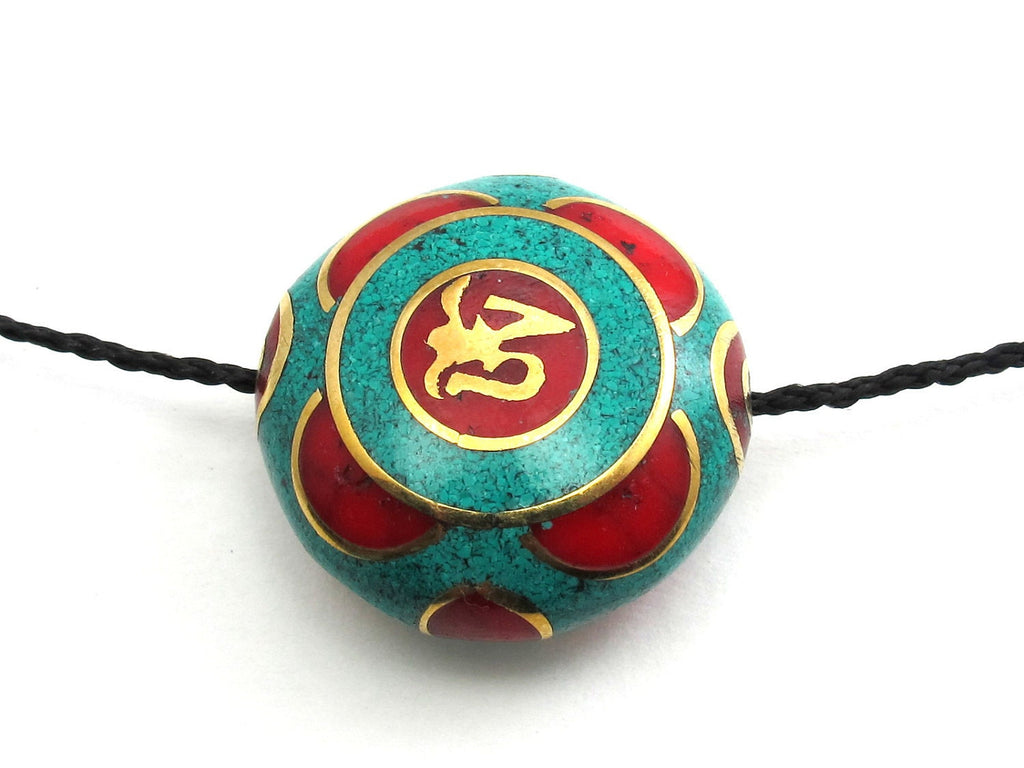 1 BEAD - Large Tibetan turquoise coral OM pendant bead - BD109