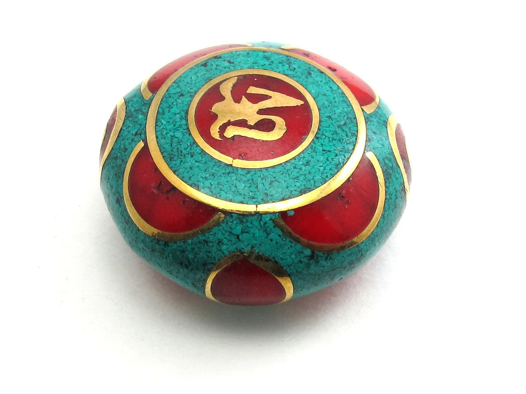 1 BEAD - Large Tibetan turquoise coral OM pendant bead - BD109