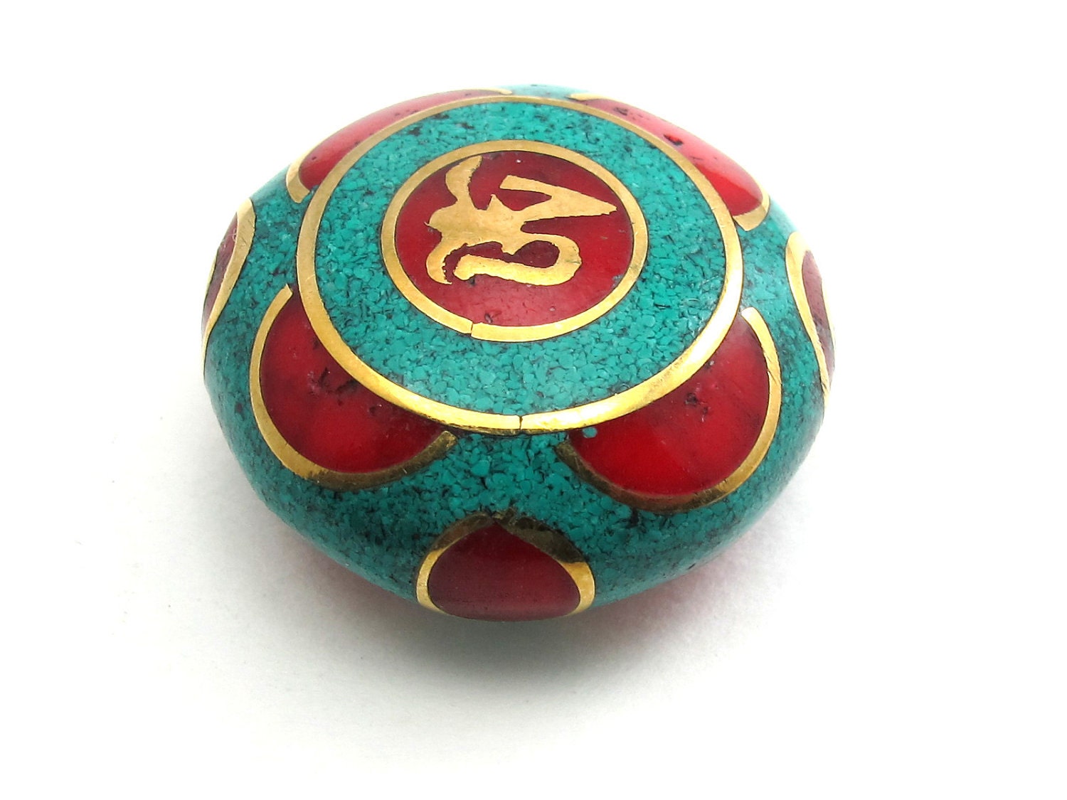 1 BEAD - Large Tibetan turquoise coral OM pendant bead - BD109