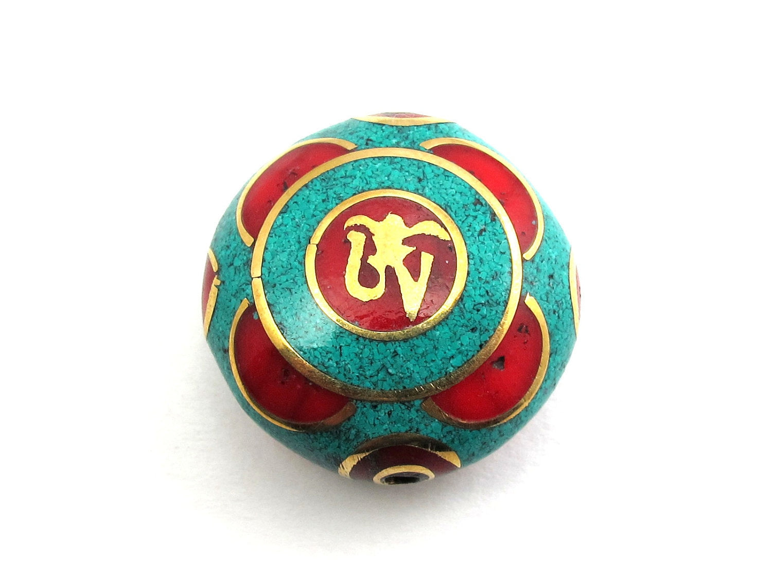1 BEAD - Large Tibetan turquoise coral OM pendant bead - BD109