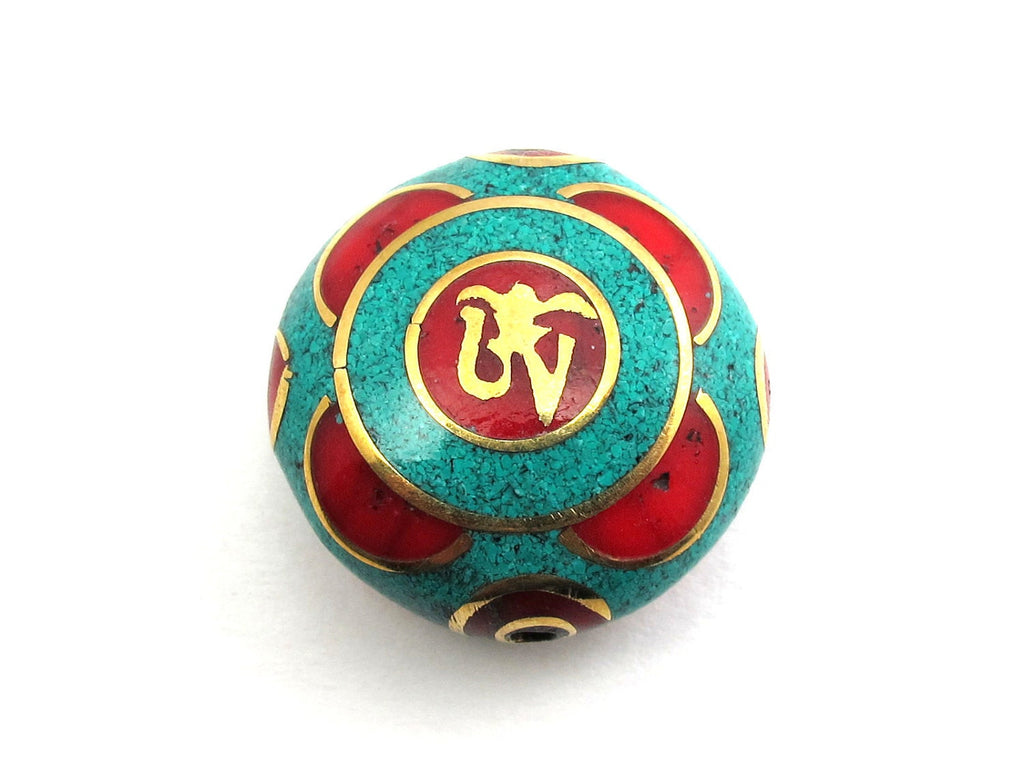 1 BEAD - Large Tibetan turquoise coral OM pendant bead - BD109