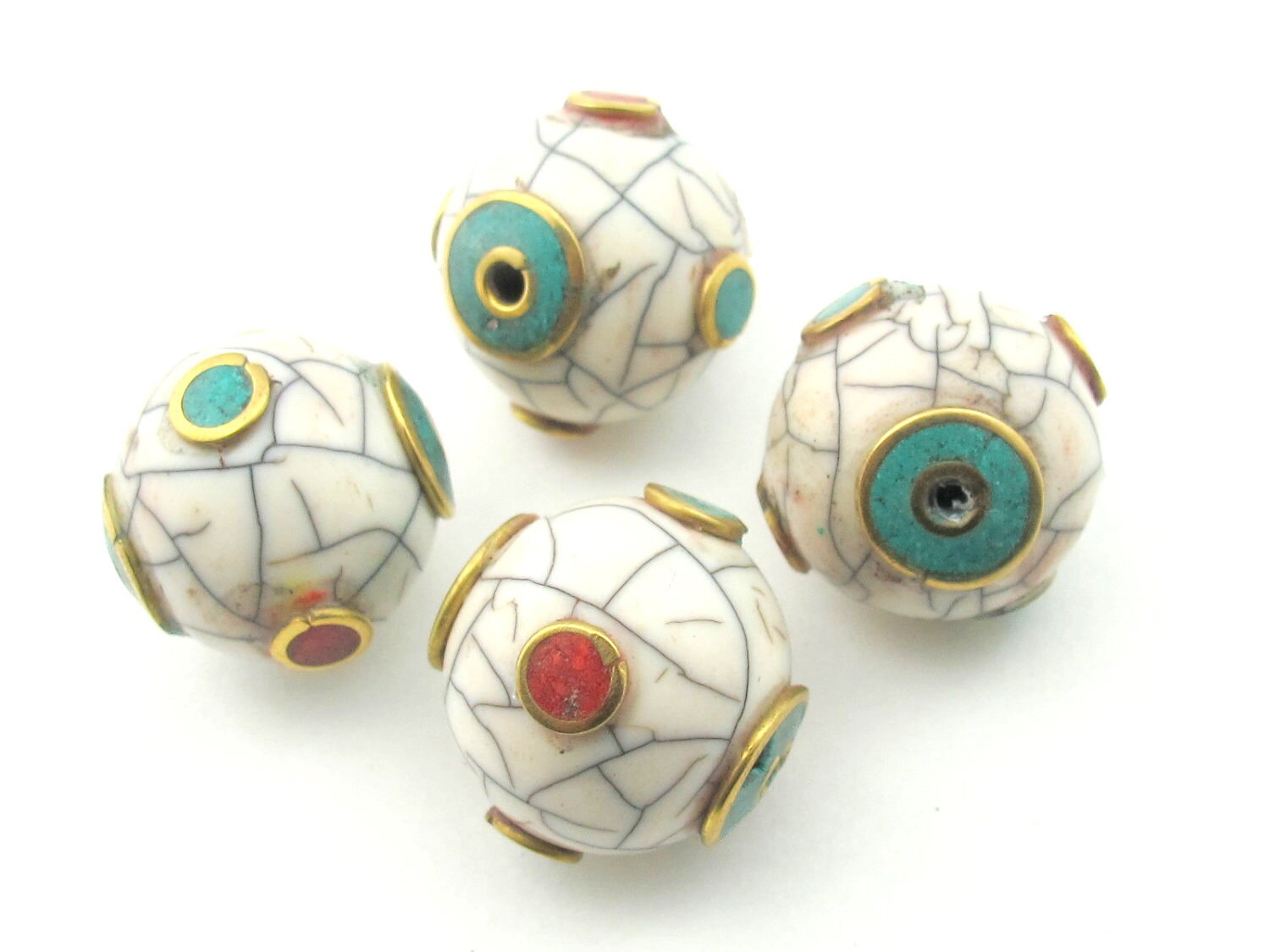White crackle resin beads with turquoise and inlay - 1 bead - BD167