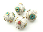 White crackle resin beads with turquoise and inlay - 1 bead - BD167