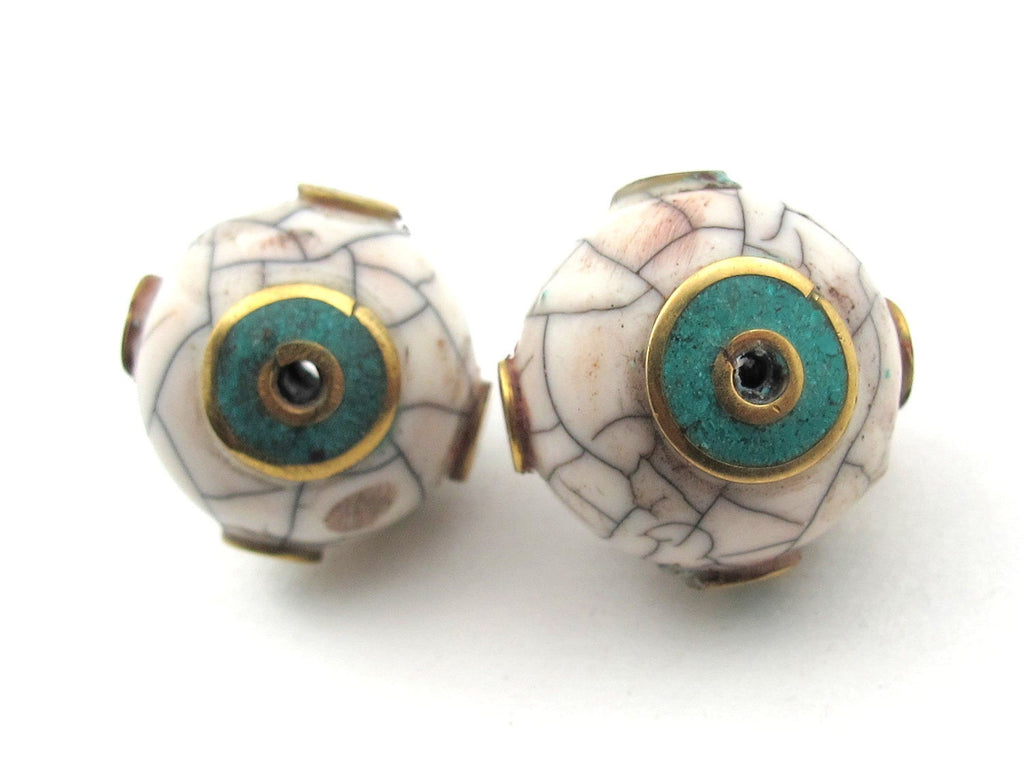 White crackle resin beads with turquoise and inlay - 1 bead - BD167