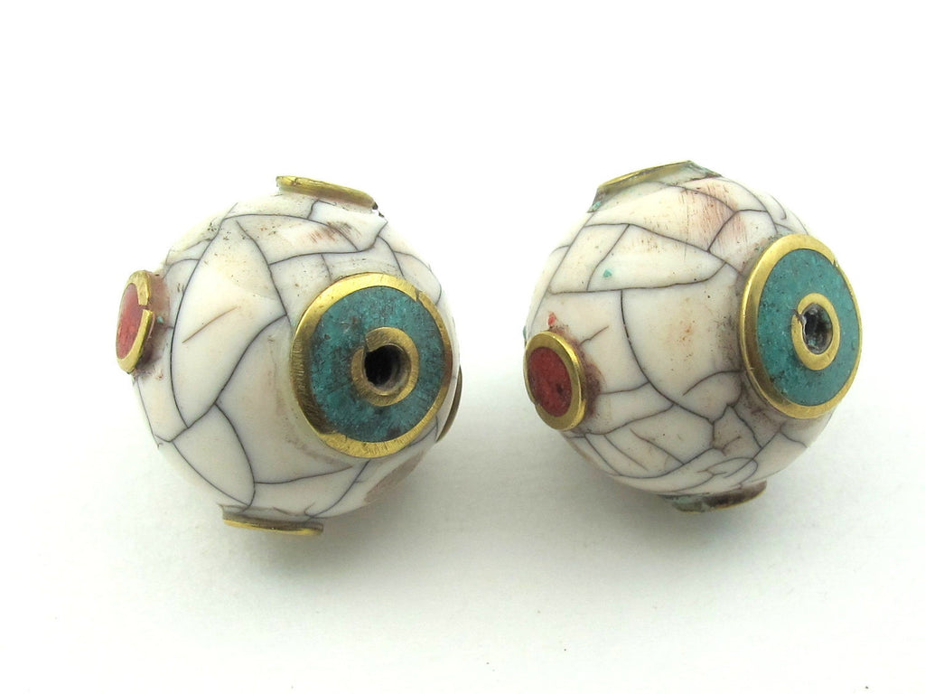 White crackle resin beads with turquoise and inlay - 1 bead - BD167