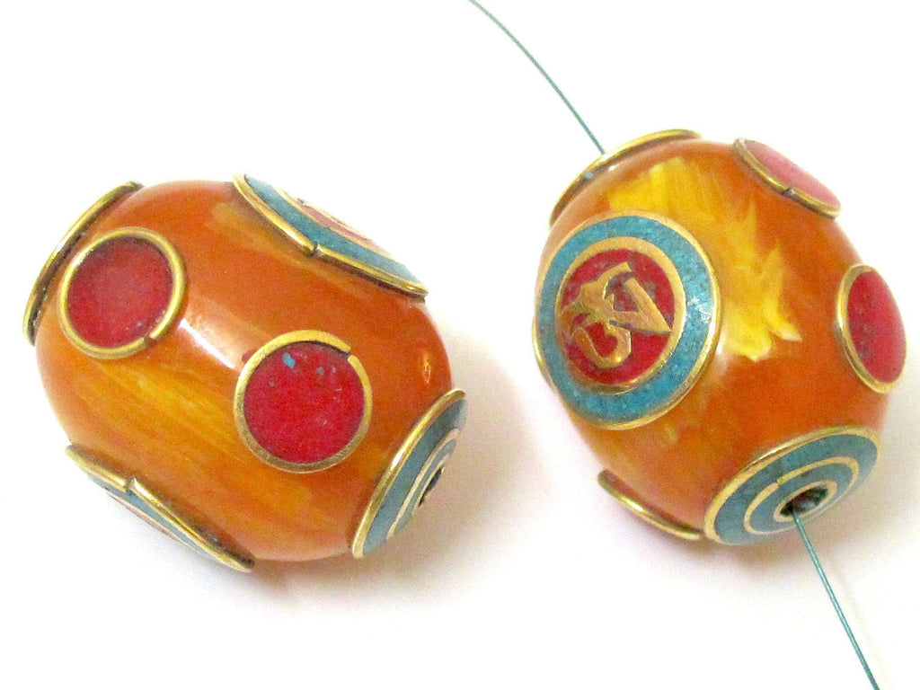 Tibetan copal resin Om bead with brass , turquoise and inlay - 1 bead - BD114s