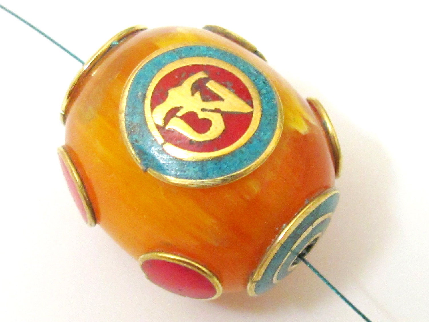 Tibetan copal resin Om bead with brass , turquoise and inlay - 1 bead - BD114s