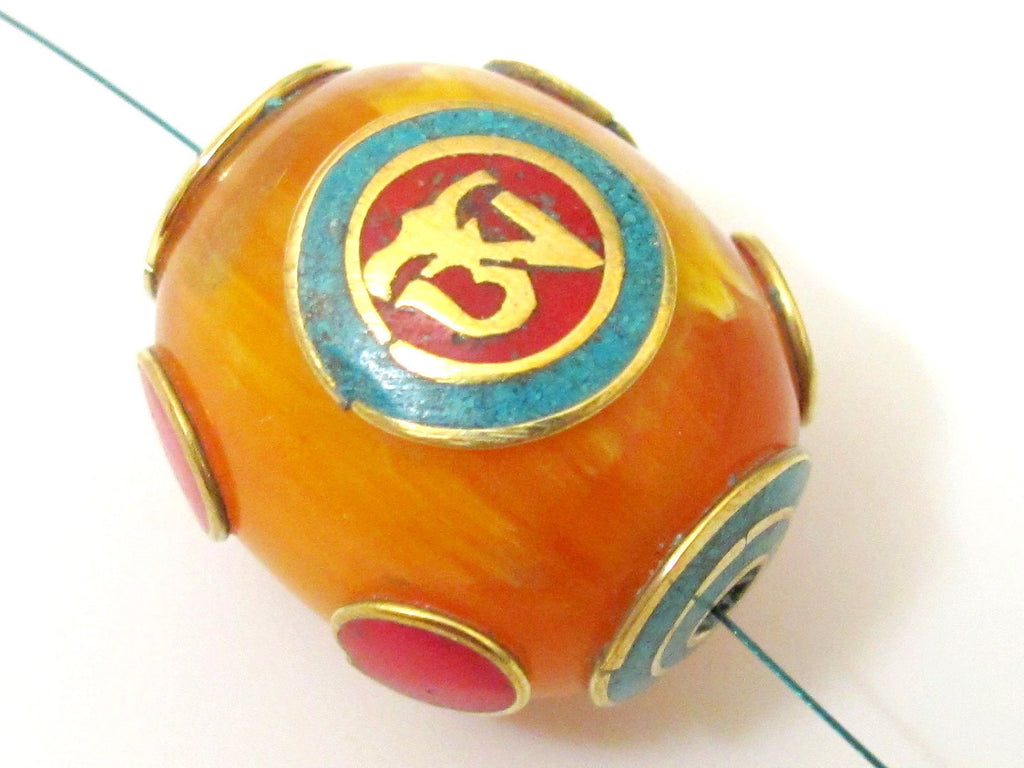 Tibetan copal Resin Om bead with brass , turquoise and inlay - 2 beads - BD114