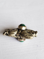 1 Bead - Reversible frog bead Tibetan silver antiqued rustic finish Bead with turquoise inlay on both sides - BD669D