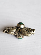 1 Bead - Reversible frog bead Tibetan silver antiqued rustic finish Bead with turquoise inlay on both sides - BD669D
