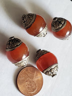 2 Beads -Tibetan capped agate beads from Nepal 19 -20 mm x 13 -14 mm - BD481T