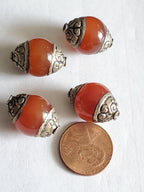 2 Beads -Tibetan capped agate beads from Nepal 19 -20 mm x 13 -14 mm - BD481T