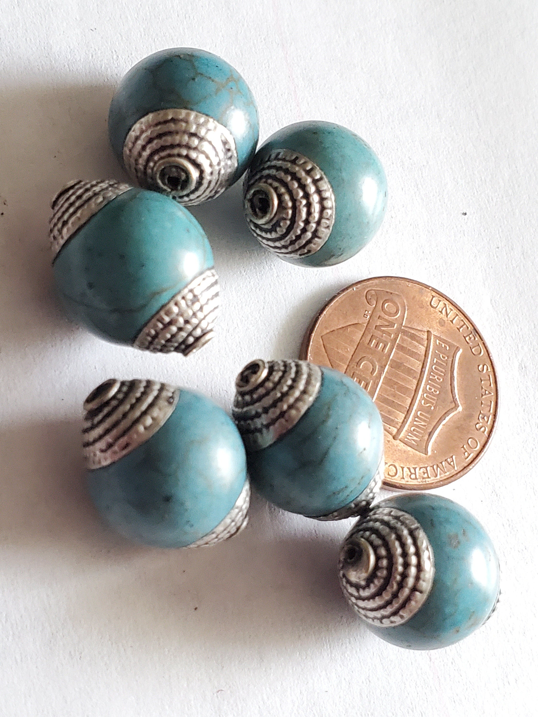 2 BEADS - 12 mm thick x 15-16 mm long Capped Tibetan turquoise gemstone beads from Nepal -- BD484T