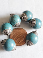 2 BEADS - 12 mm thick x 15-16 mm long Capped Tibetan turquoise gemstone beads from Nepal -- BD484T