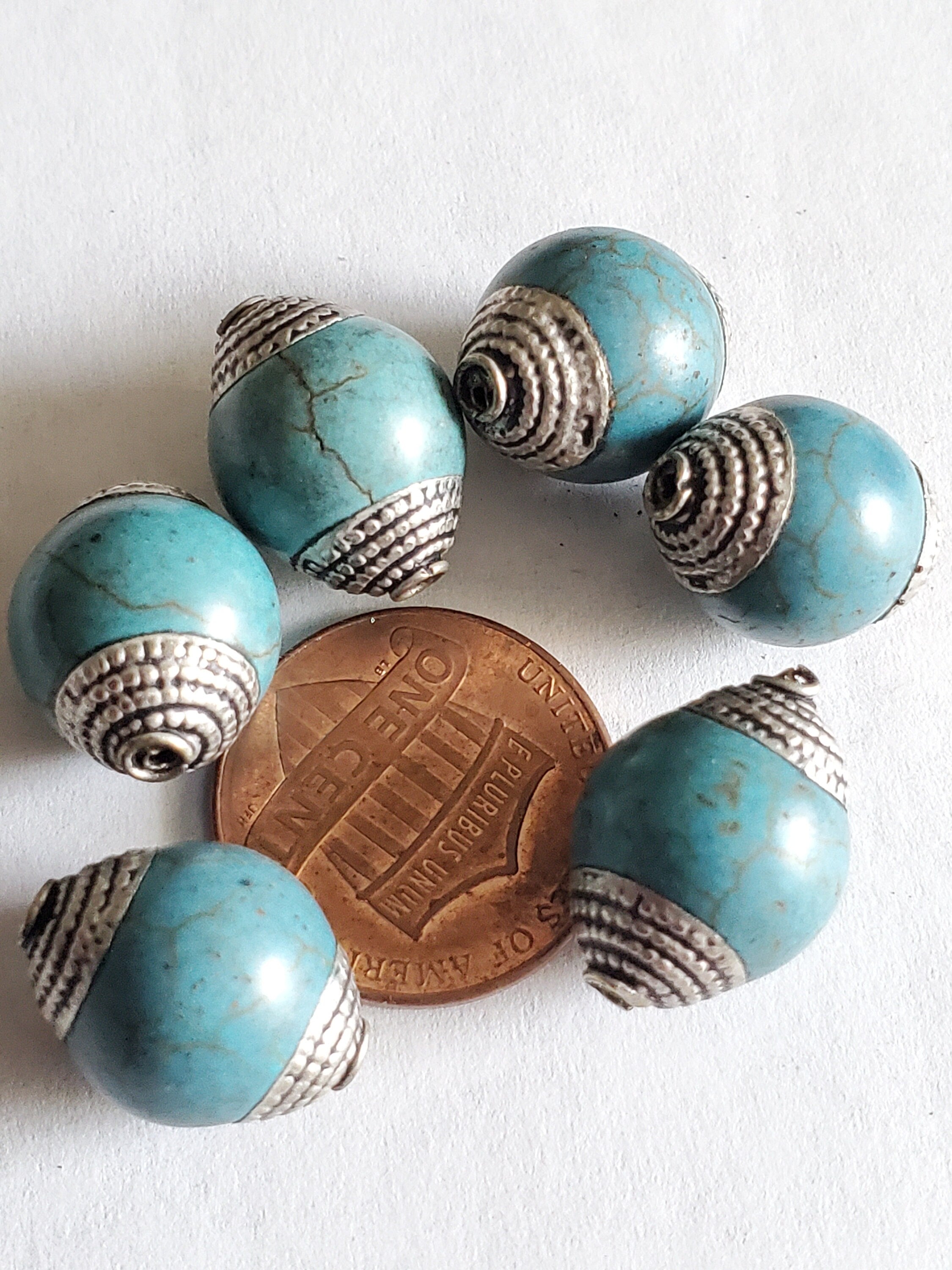 2 BEADS - 12 mm thick x 15-16 mm long Capped Tibetan turquoise gemstone beads from Nepal -- BD484T