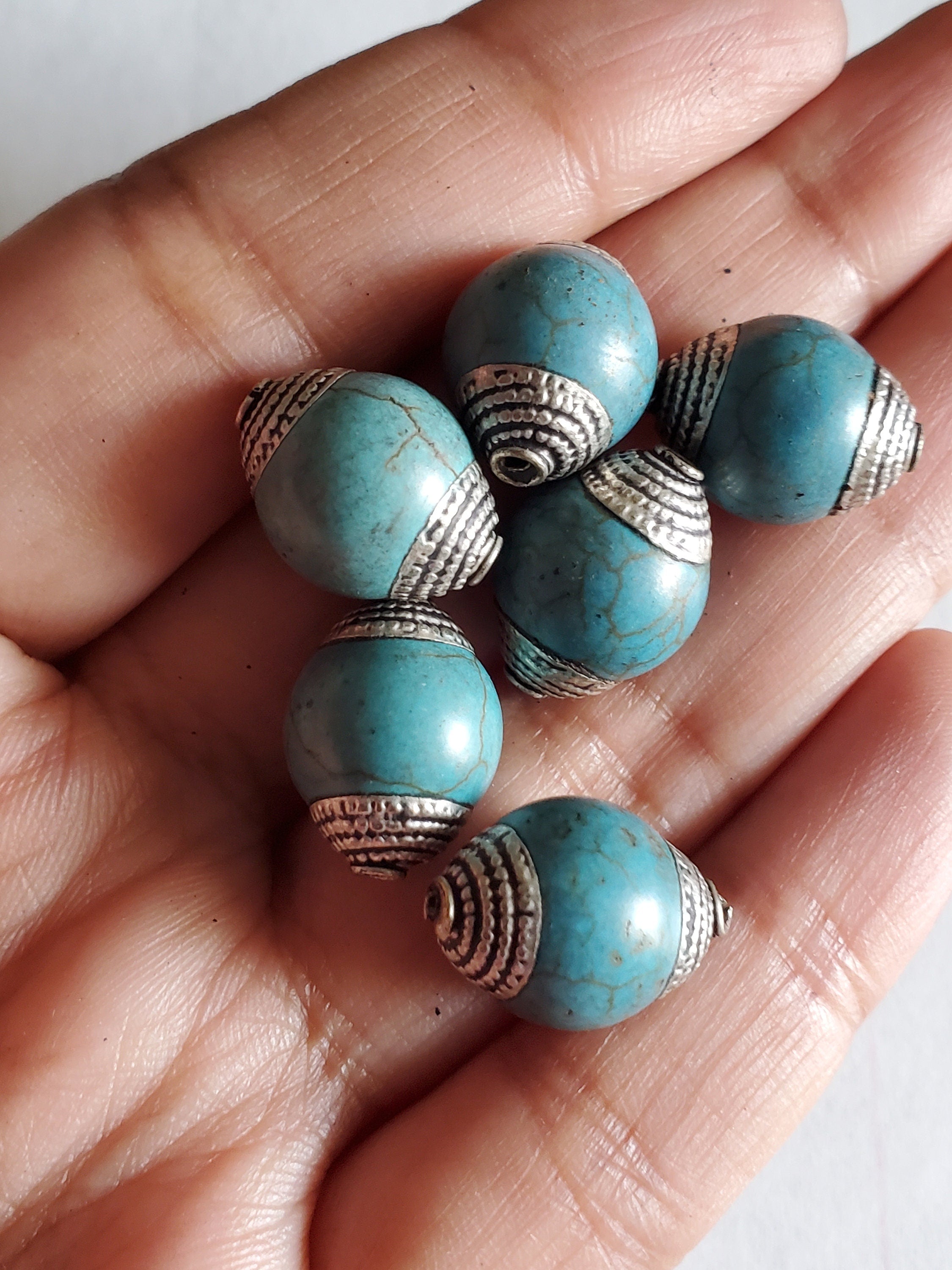 2 BEADS - 12 mm thick x 15-16 mm long Capped Tibetan turquoise gemstone beads from Nepal -- BD484T