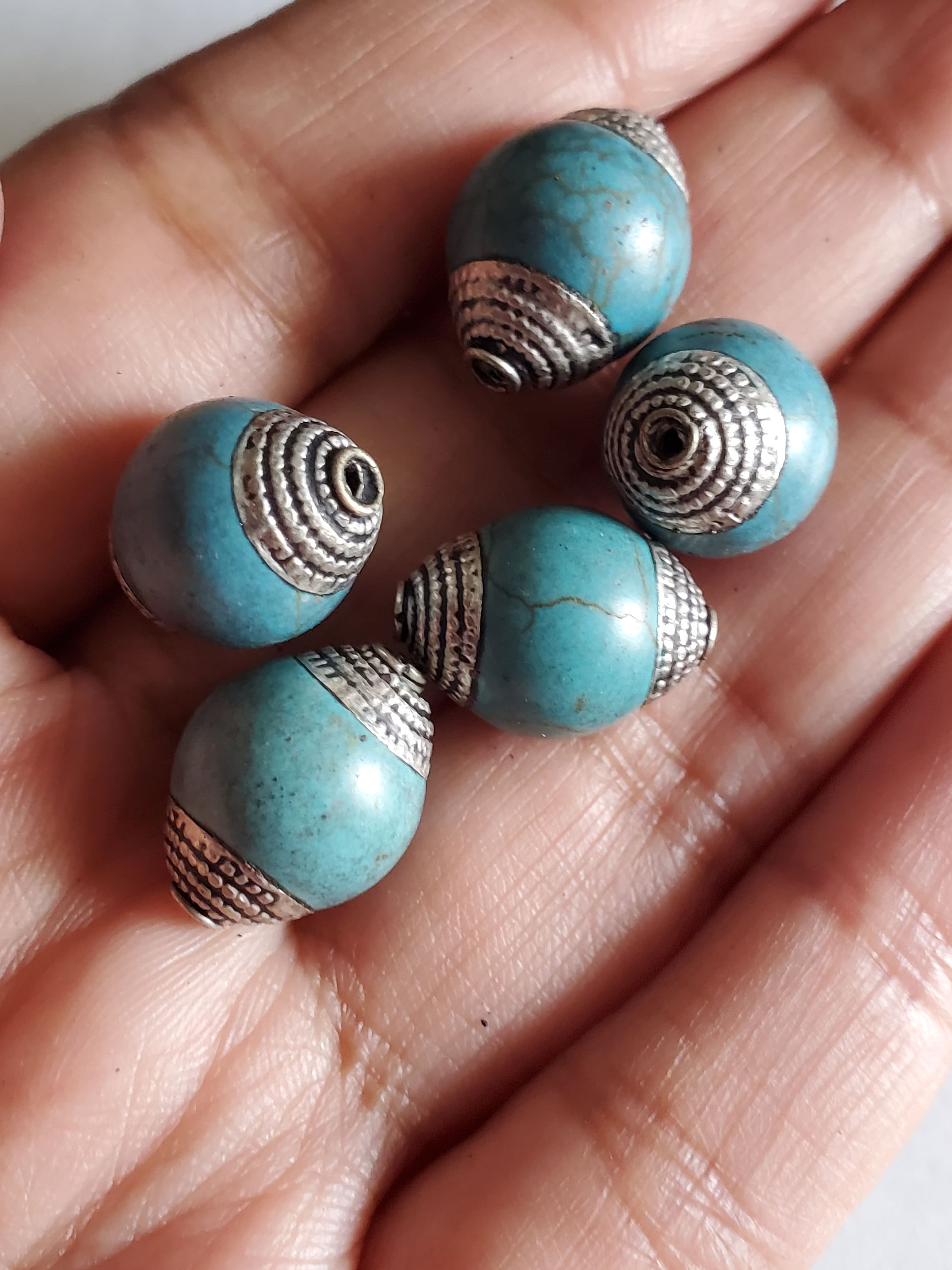 2 BEADS - 12 mm thick x 15-16 mm long Capped Tibetan turquoise gemstone beads from Nepal -- BD484T