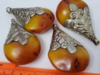 1 pendant- Extra large Bold size Teardrop shape Tibetan silver capped copal resin pendant Nepal - PM214