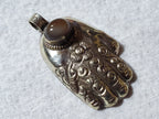 1 Pendant - Tibetan Buddha Hand hamsa floral carving agate gemstone inlaid pendant - PM438S