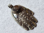1 Pendant - Tibetan Buddha Hand hamsa floral carving agate gemstone inlaid pendant - PM438S