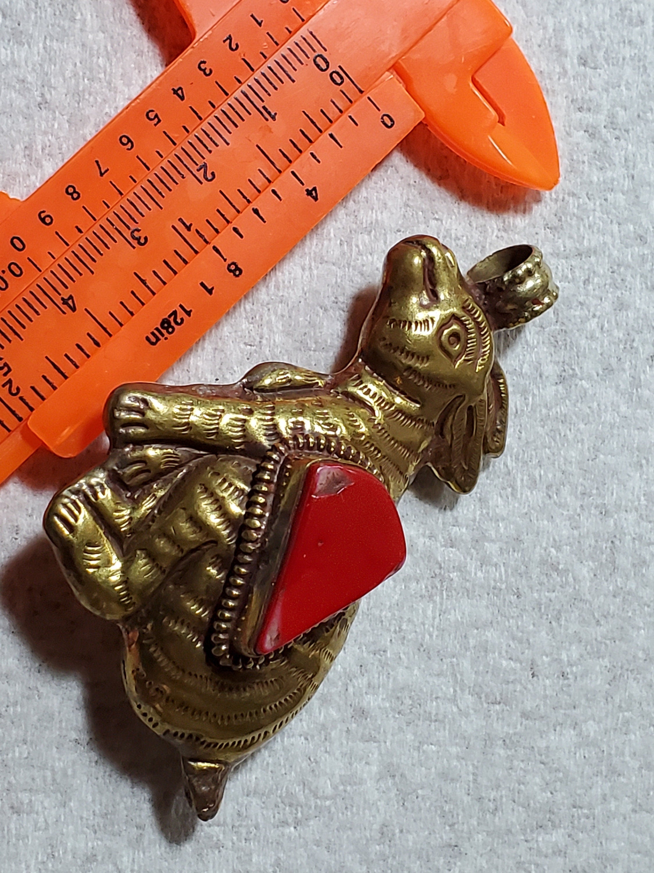 OOAK as is- Large Tibetan brass kangaroo animal pendant coral inlaid Nepal - PM438L