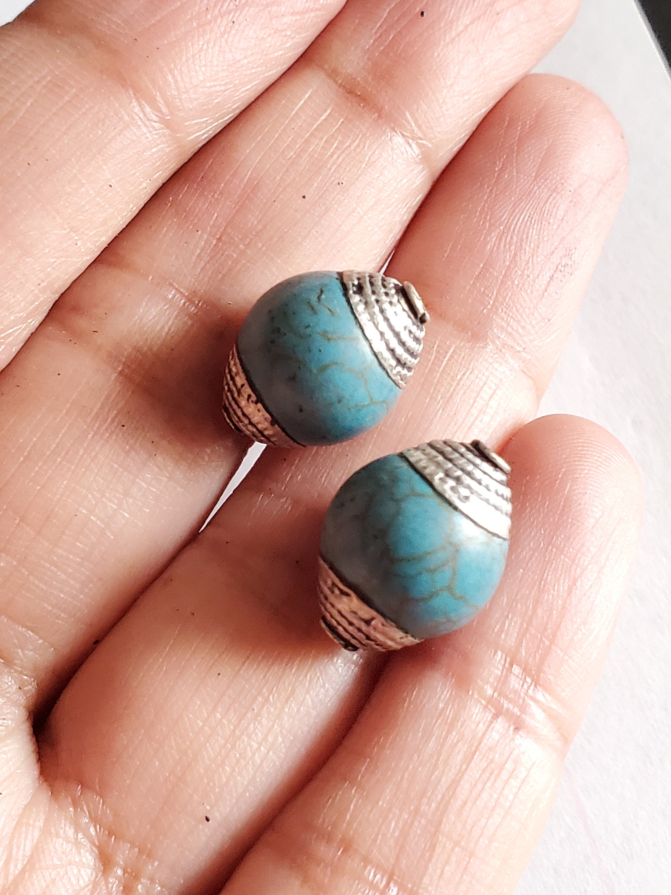 2 BEADS - 12 mm thick x 15-16 mm long Capped Tibetan turquoise gemstone beads from Nepal -- BD484T