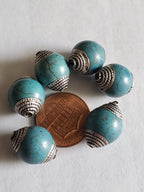2 BEADS - 12 mm thick x 15-16 mm long Capped Tibetan turquoise gemstone beads from Nepal -- BD484T